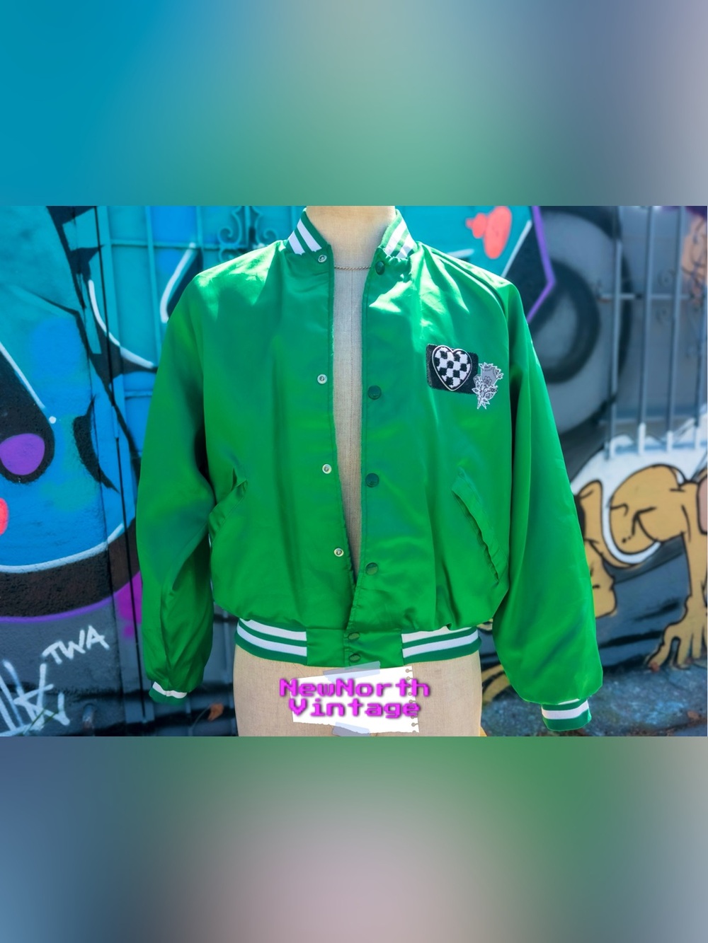 AURORA SOCCER Vintage Bomber Jacket size Large | Green w/ Custom Chenille Patch